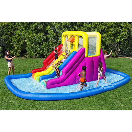 Three Slide Kids Inflatable Water Park (Multiple Colors) - A water park suitable for children, with a paddling pool, three-color slides, blower