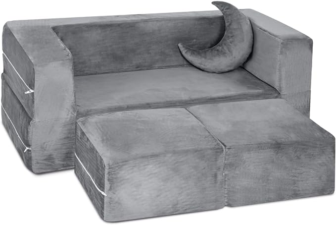 Kids Couch - Modular Kids Sofa for Toddler and Baby Playroom/Bedroom Furniture (Grey) with Bonus Pillow