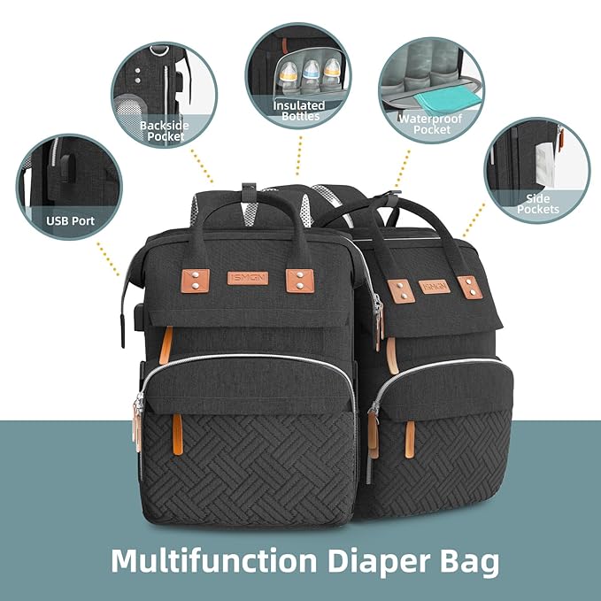 Diaper Bag Backpack with Changing Station, Large Diaper Bag, Baby Bag, Multifunctional Diaper Bag, Black