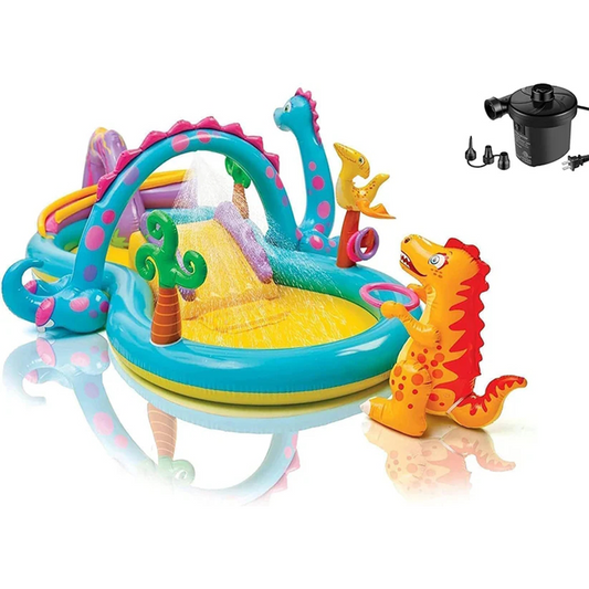 Dinoland Backyard Play Center Kids Inflatable Pool - with Slide, Dinosaur Arch Sprinklers and Games for Kids 2 Years and Up