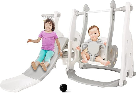 Children feet s Four in One Slide Swing - with Basketball Frame and Ball and Extra Long Slide，Children feet s Slide That Can Be Installed at Will in Indoor and Outdoor Garden White c1
