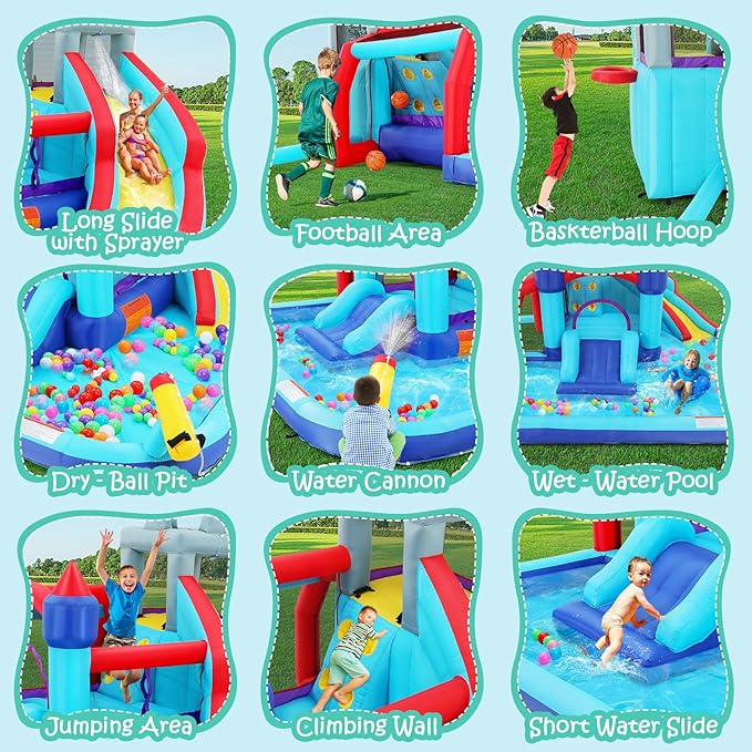 Inflatable Bounce House Water Slide Combo for Kids - 10 in 1 Blow Up Water Park with 580W Blower, 2 Slides with Sprinkler, Water Cannon, Climbing Wall, Football Goal for Backyard Party Gift