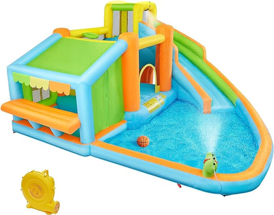 Inflatable Bounce House - Water Bouncer Castle for Kids Aged 3-10 W/Splash Pool, Toy Market Stand, Bouncer Area, Slide, Climbing Wall, Storage Bag, 520W Blower for Outdoor Backyard